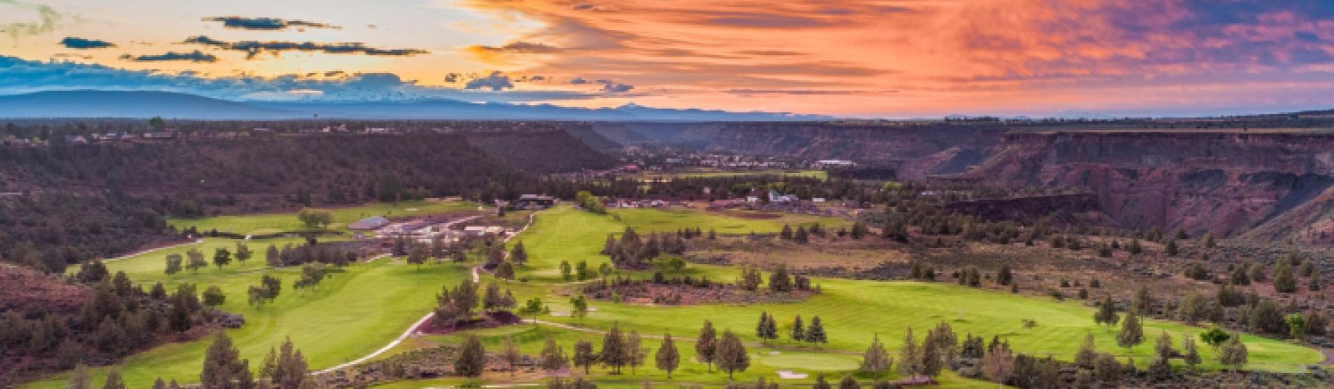 Sunset looking over an aerial view of the Crooked River Ranch Gold Course