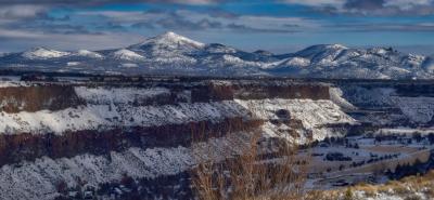 Aerial view of snow covered canyon walls